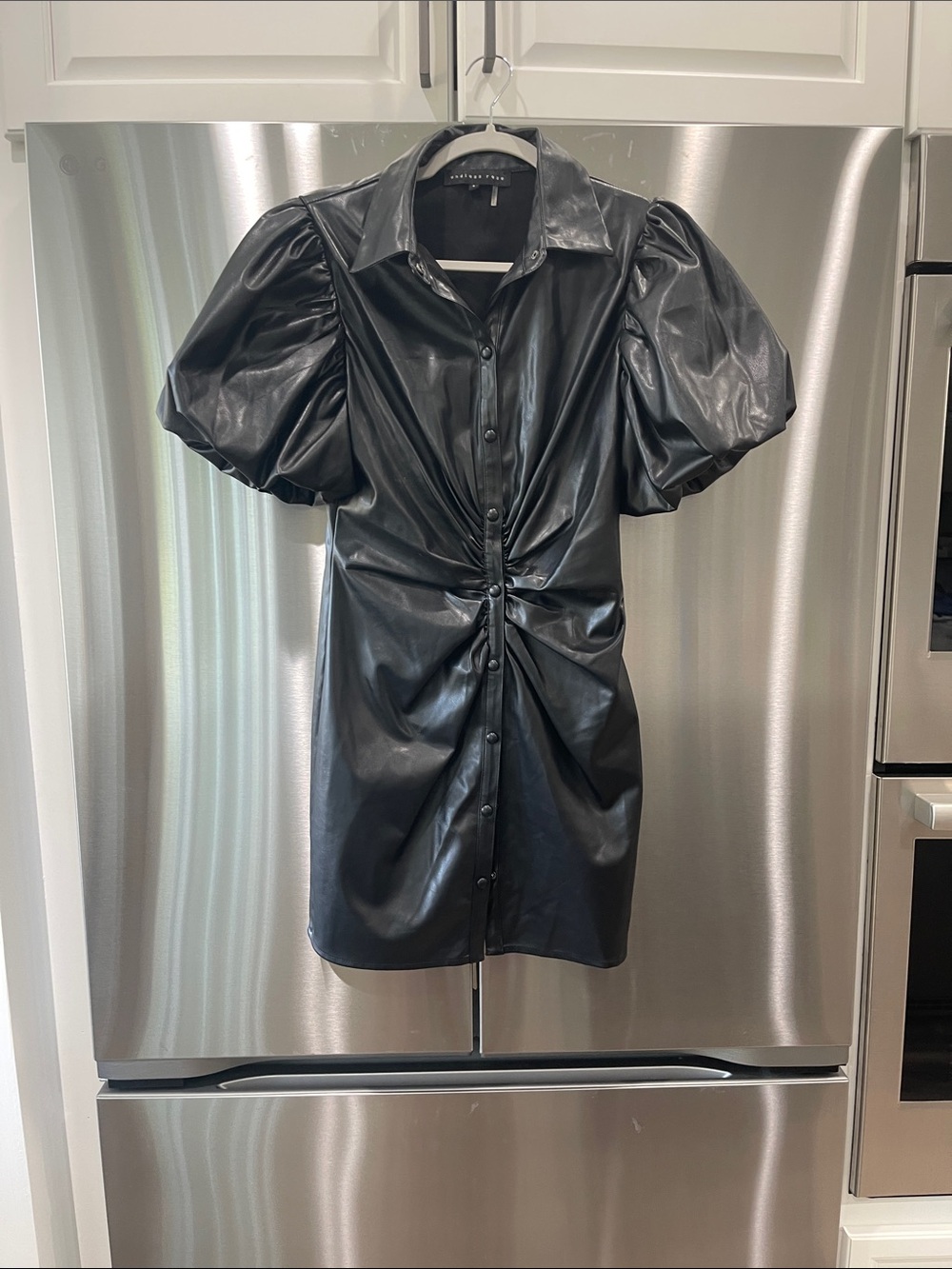 Endless Rose Black Faux Leather Puff-Sleeve Twist Mini Dress